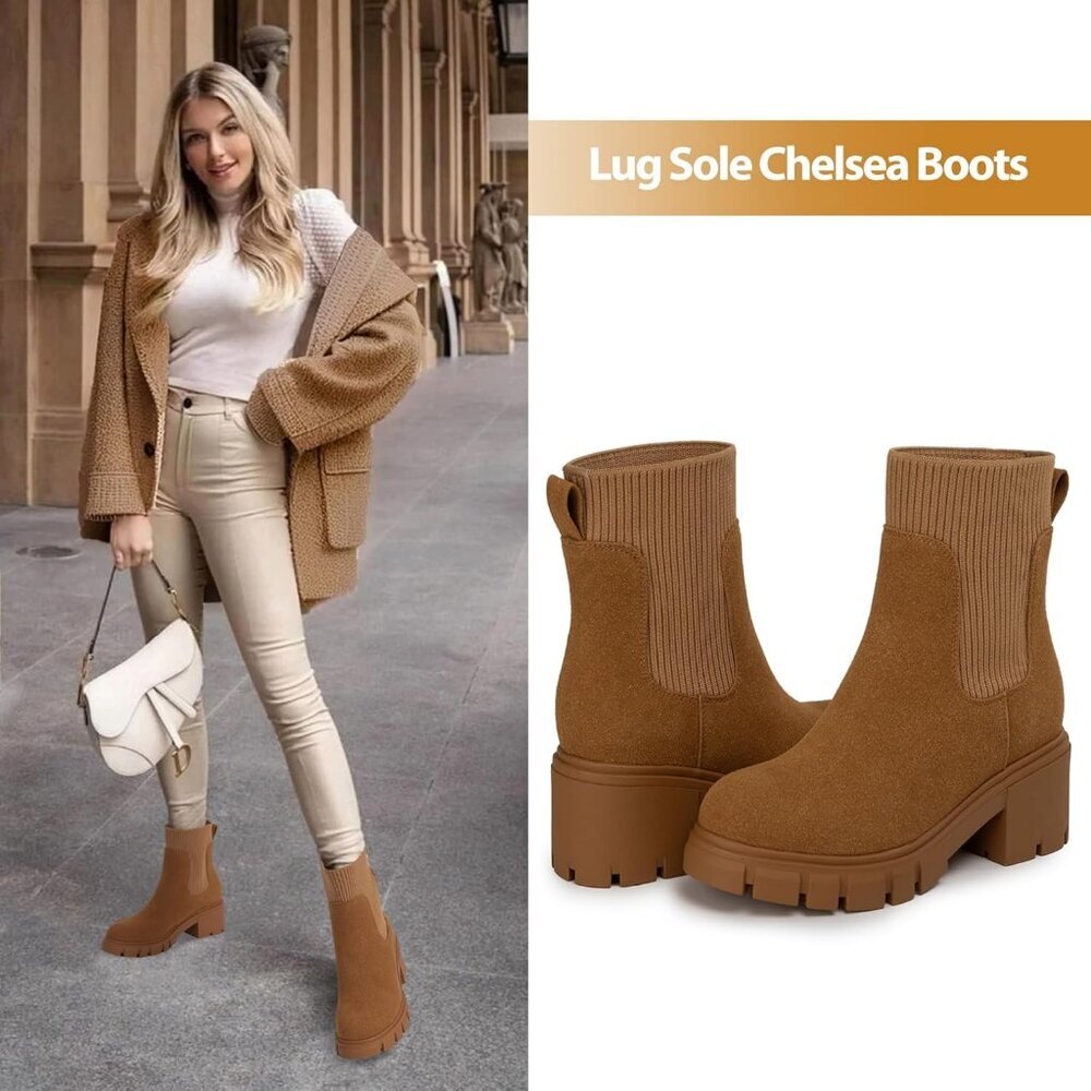 Women's Brown Suede Chelsea Platform Boots Slip On Lug Sole Chunky Ankle Booties - Picture 2 of 6